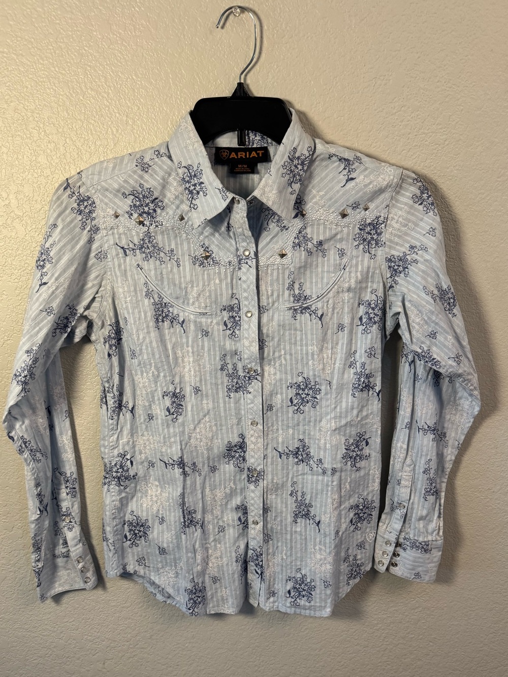 Ariat Western Snap Shirt Blue Floral Embroidered Yoke Women's Size M